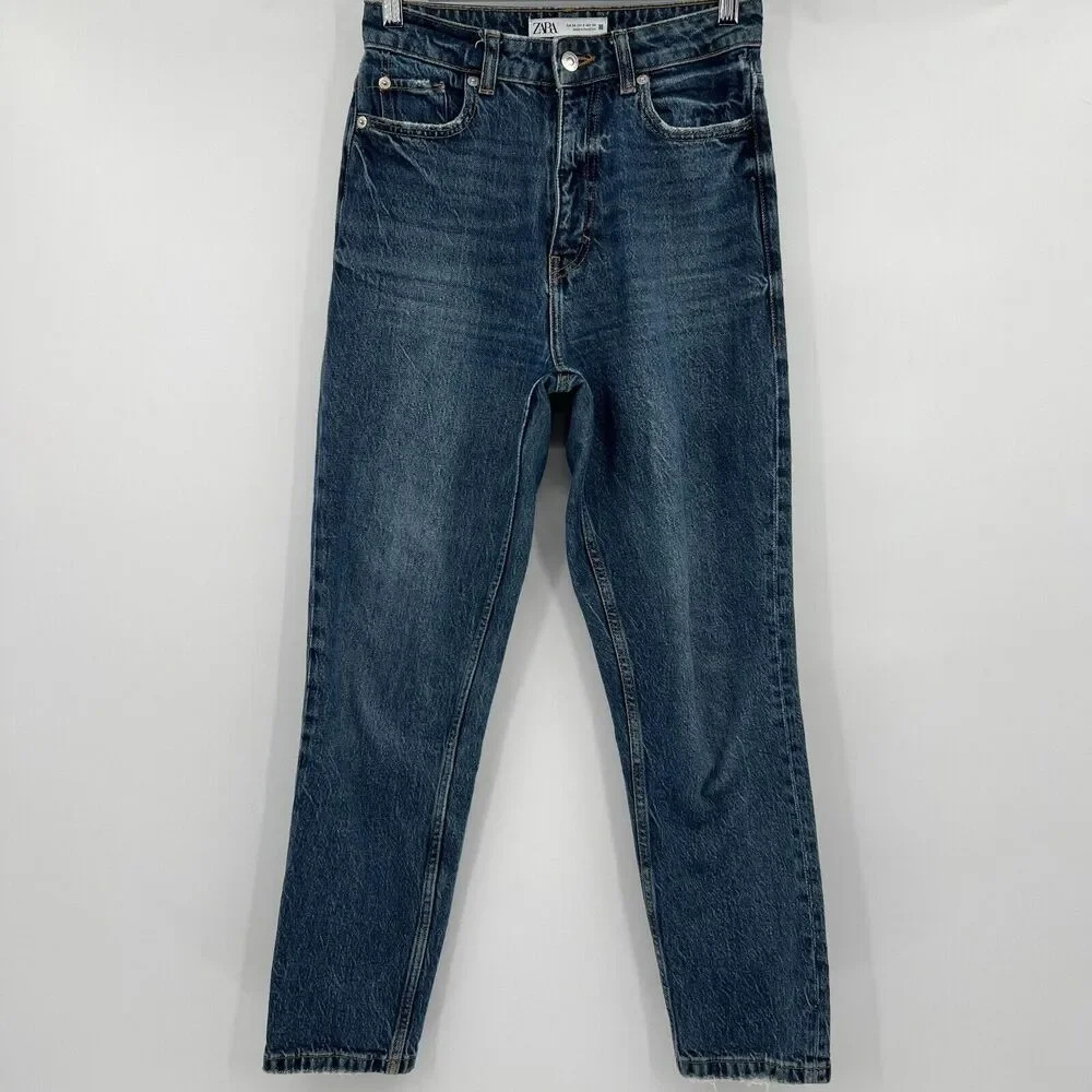 Zara Jeans Women's Sz 2 Slim Straight Leg High Rise Dark Wash Blue Denim Casual